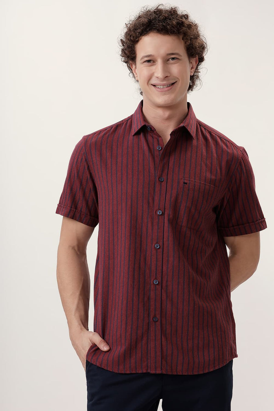 BASICS SLIM FIT RED PEAR COTTON MELANGE STRIPE HALFSLEEVES SHIRT