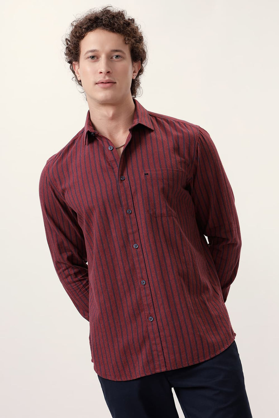 BASICS SLIM FIT RED PEAR COTTON MELANGE STRIPE SHIRT