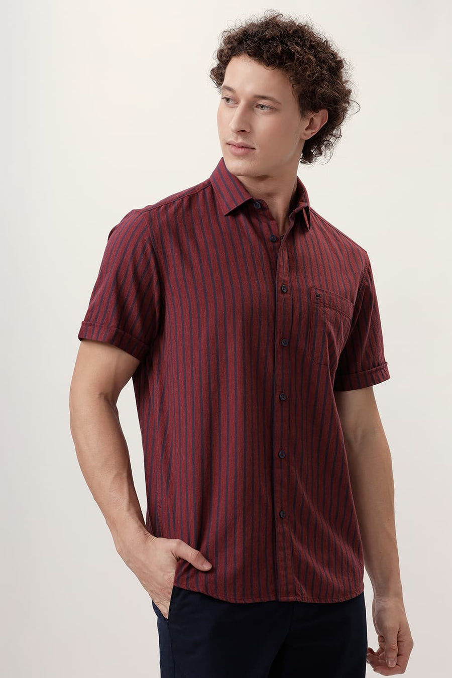 BASICS SLIM FIT RED PEAR COTTON MELANGE STRIPE HALFSLEEVES SHIRT