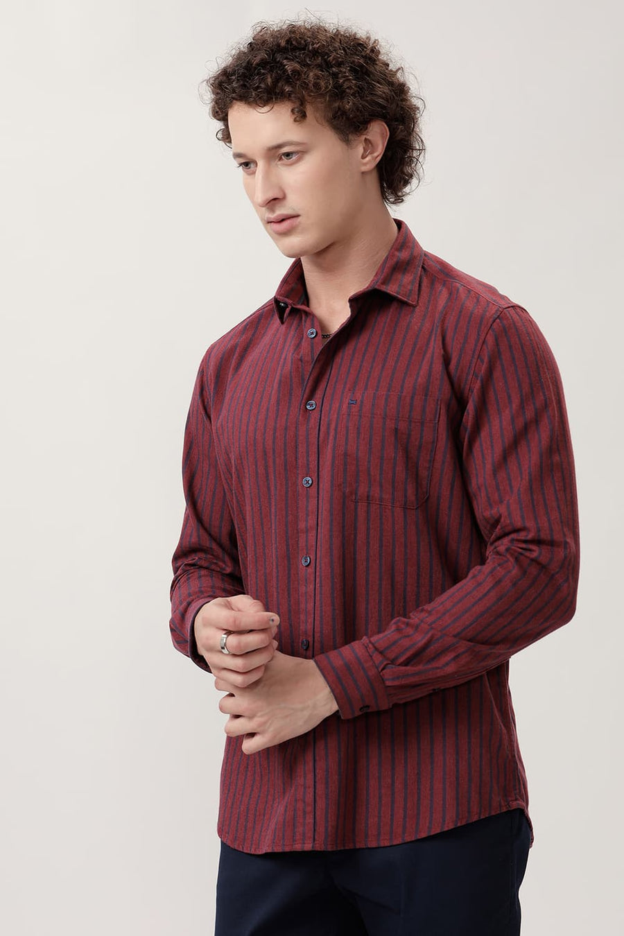 BASICS SLIM FIT RED PEAR COTTON MELANGE STRIPE SHIRT