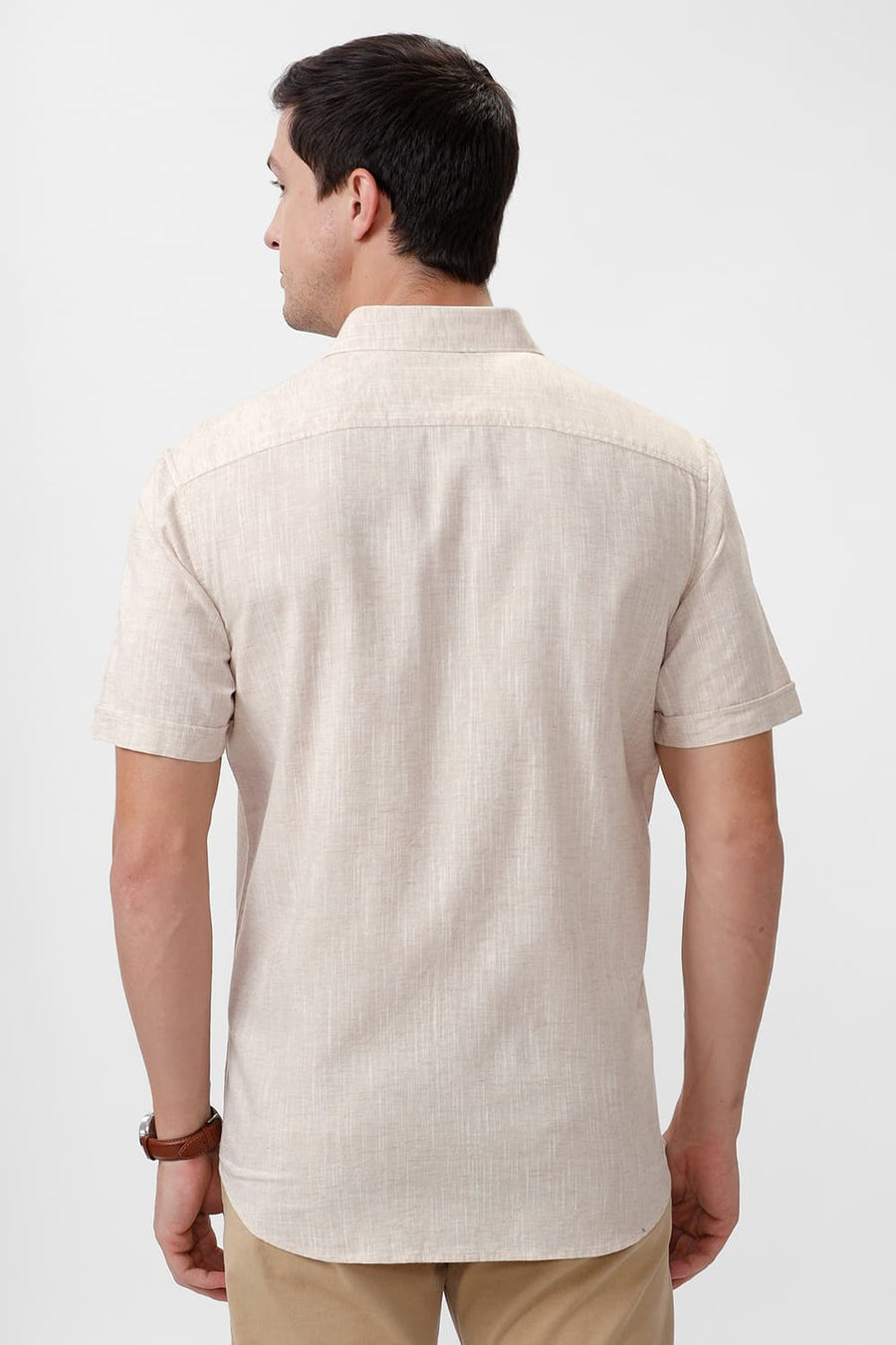 BASICS SLIM FIT BEIGE SWAN COTTON LYOCELL LINEN CATONIC HALFSLEEVES SHIRT