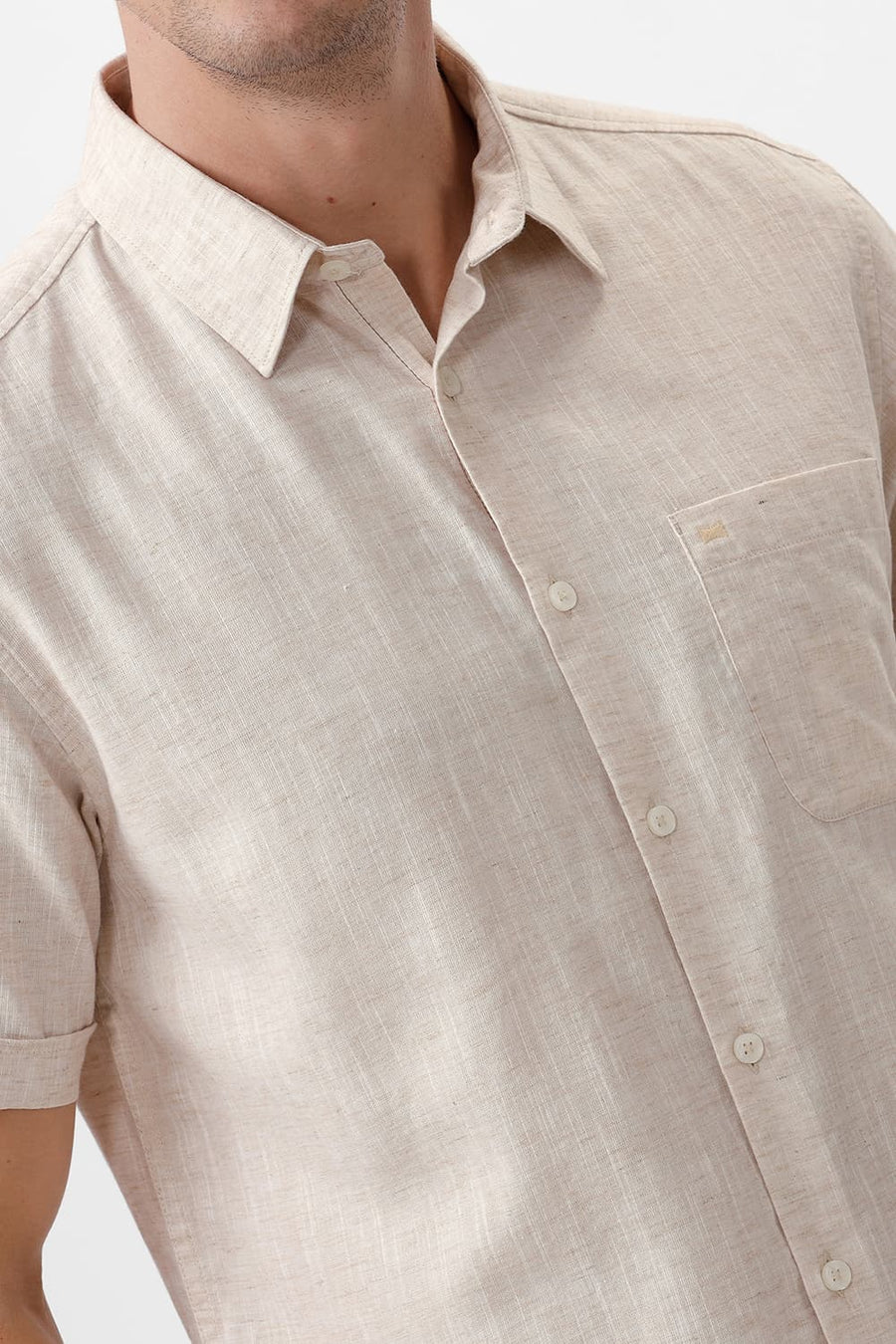 BASICS SLIM FIT BEIGE SWAN COTTON LYOCELL LINEN CATONIC HALFSLEEVES SHIRT