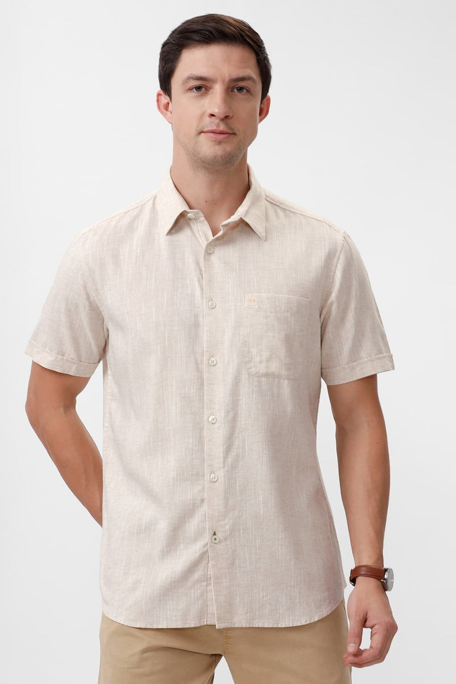 BASICS SLIM FIT BEIGE SWAN COTTON LYOCELL LINEN CATONIC HALFSLEEVES SHIRT