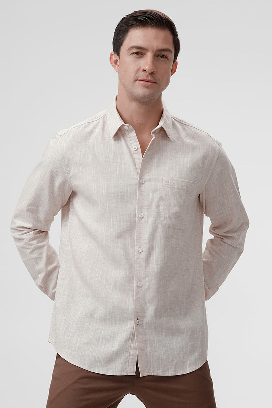 BASICS SLIM FIT BEIGE SWAN COTTON LYOCELL LINEN CATONIC SHIRT