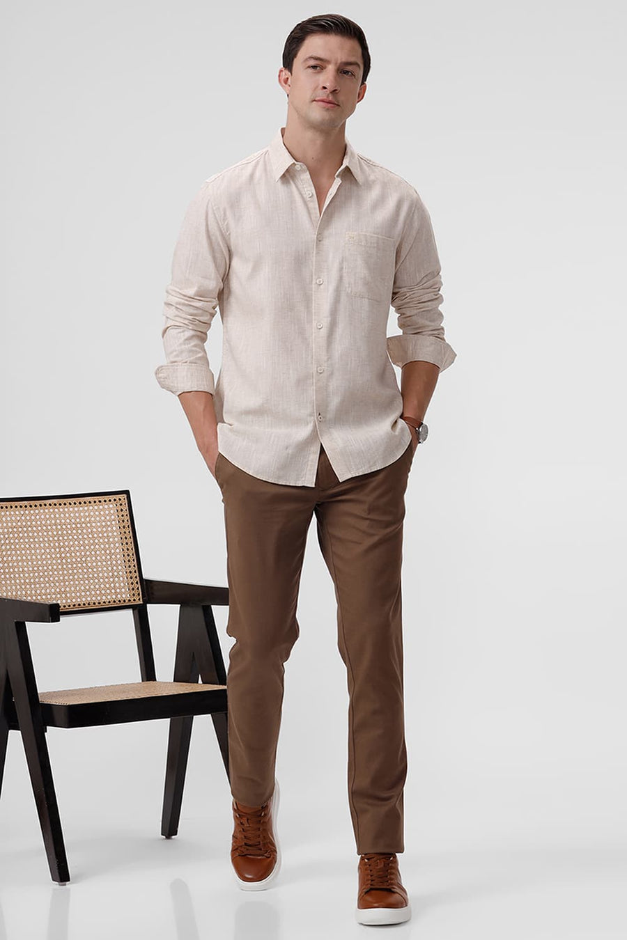 BASICS SLIM FIT BEIGE SWAN COTTON LYOCELL LINEN CATONIC SHIRT