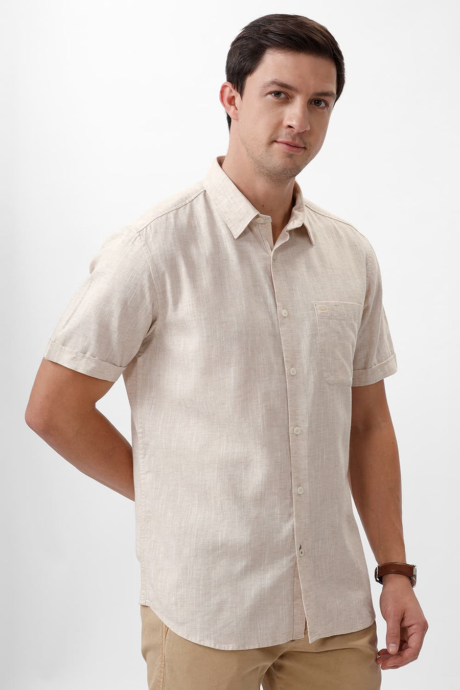 BASICS SLIM FIT BEIGE SWAN COTTON LYOCELL LINEN CATONIC HALFSLEEVES SHIRT
