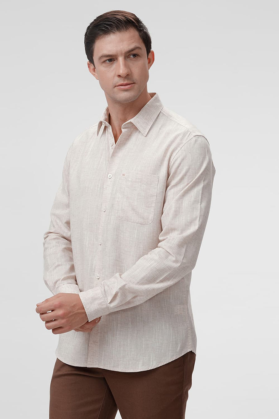 BASICS SLIM FIT BEIGE SWAN COTTON LYOCELL LINEN CATONIC SHIRT
