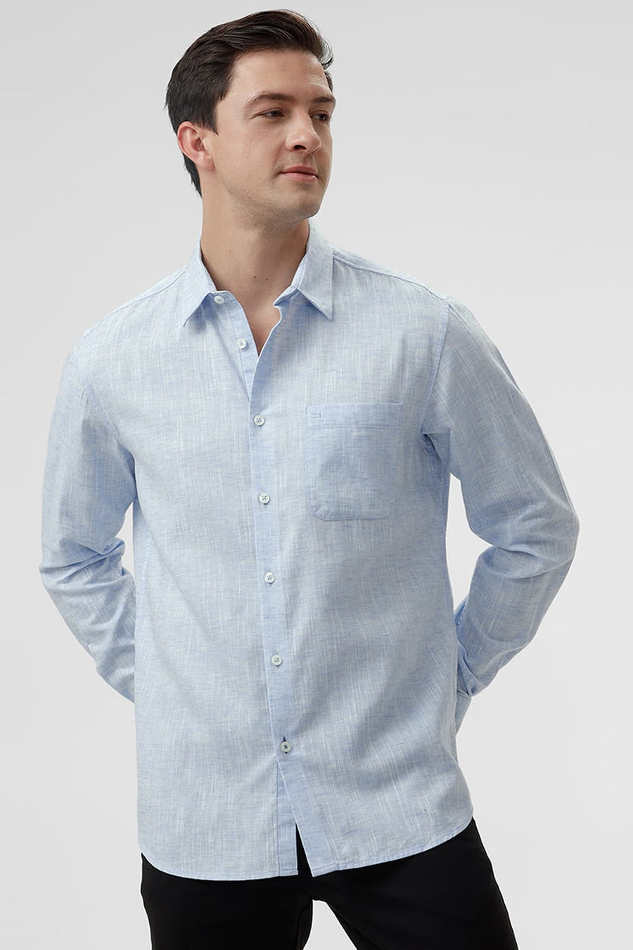 BASICS SLIM FIT STARLIGHT BLUE COTTON LYOCELL LINEN CATONIC HALFSLEEVES SHIRT
