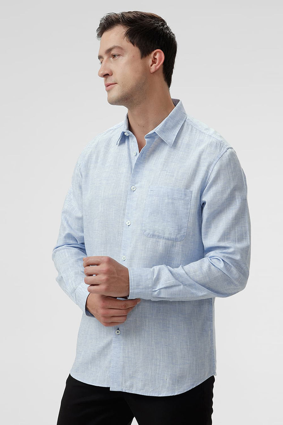 BASICS SLIM FIT STARLIGHT BLUE COTTON LYOCELL LINEN CATONIC SHIRT