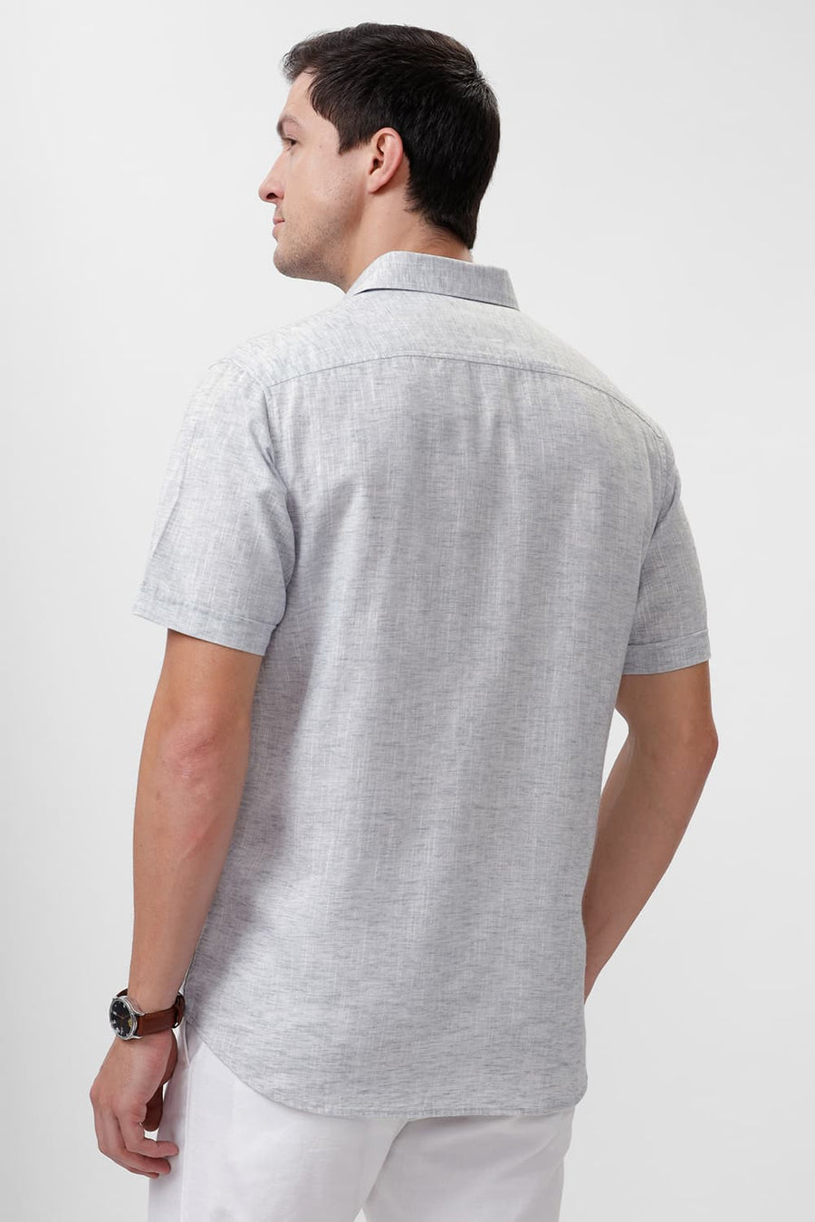 BASICS SLIM FIT MOONSTRUCK GREY COTTON LYOCELL LINEN CATONIC HALFSLEEVES SHIRT