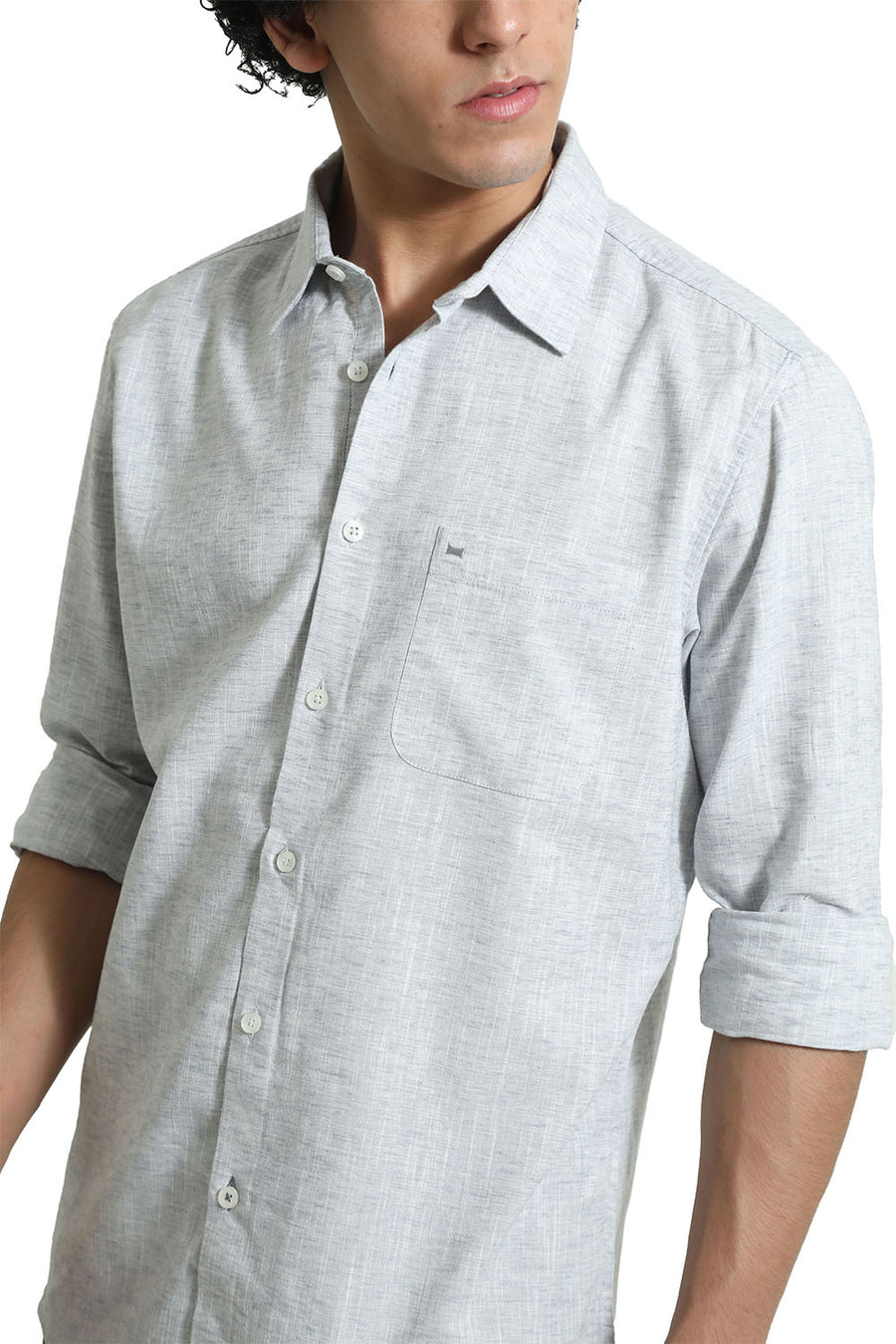 BASICS SLIM FIT MOONSTRUCK GREY COTTON LYOCELL LINEN CATONIC SHIRT