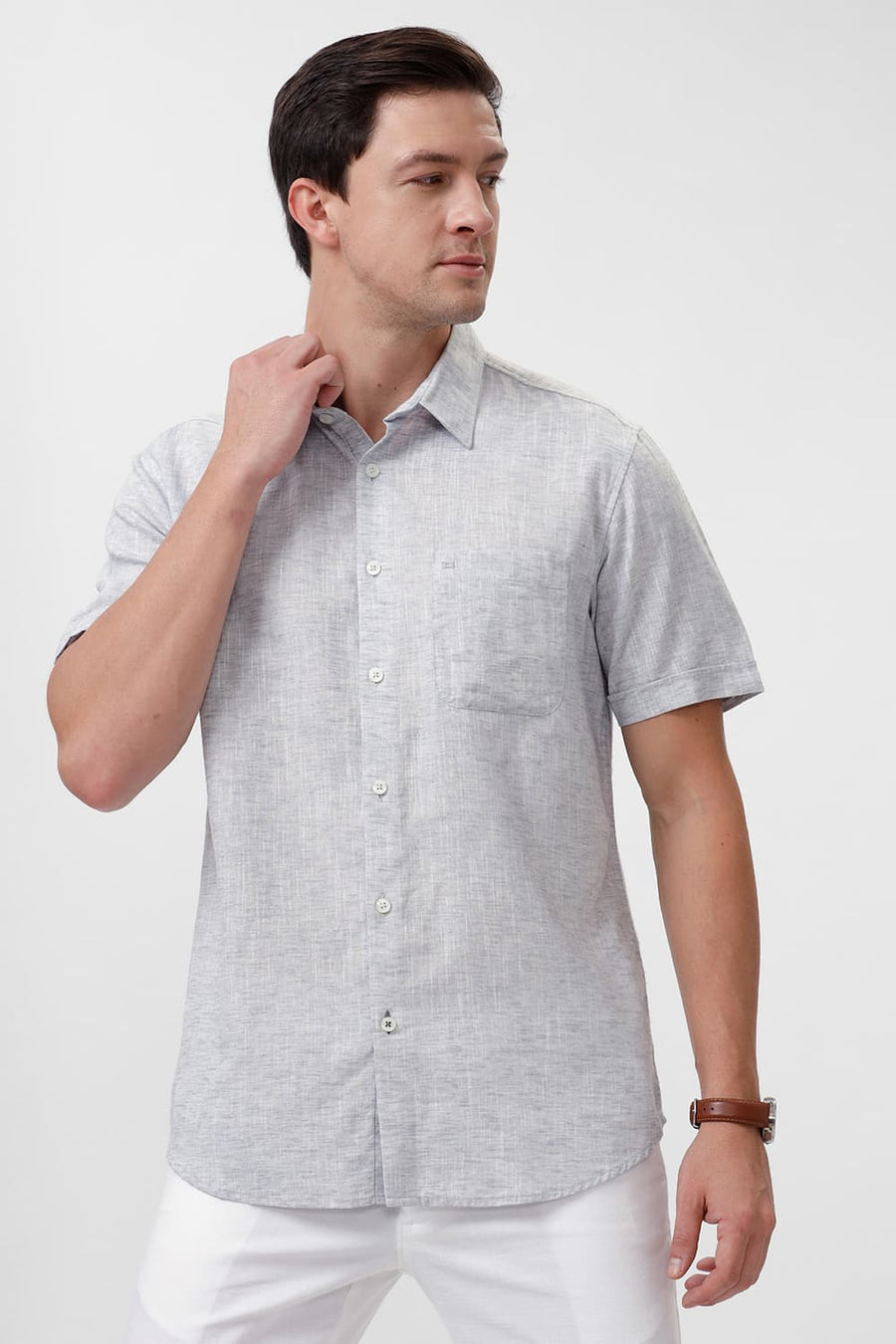 BASICS SLIM FIT MOONSTRUCK GREY COTTON LYOCELL LINEN CATONIC HALFSLEEVES SHIRT