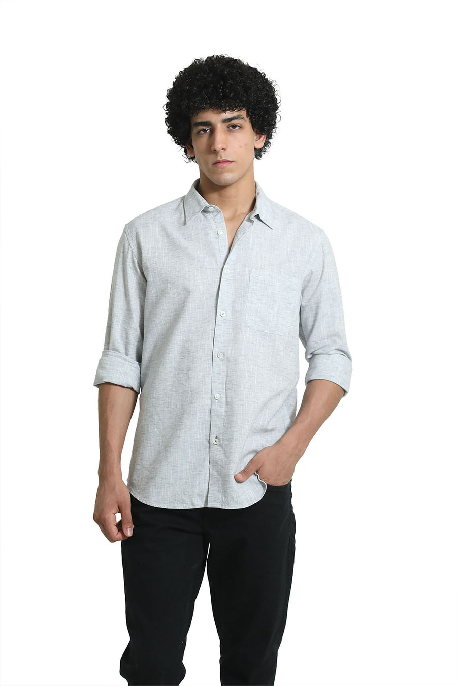 BASICS SLIM FIT MOONSTRUCK GREY COTTON LYOCELL LINEN CATONIC SHIRT