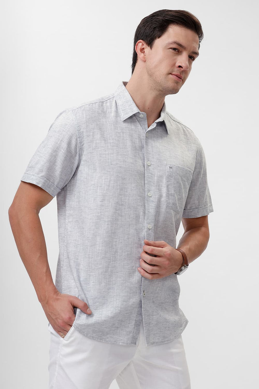 BASICS SLIM FIT MOONSTRUCK GREY COTTON LYOCELL LINEN CATONIC HALFSLEEVES SHIRT