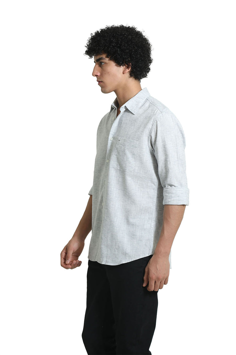BASICS SLIM FIT MOONSTRUCK GREY COTTON LYOCELL LINEN CATONIC SHIRT