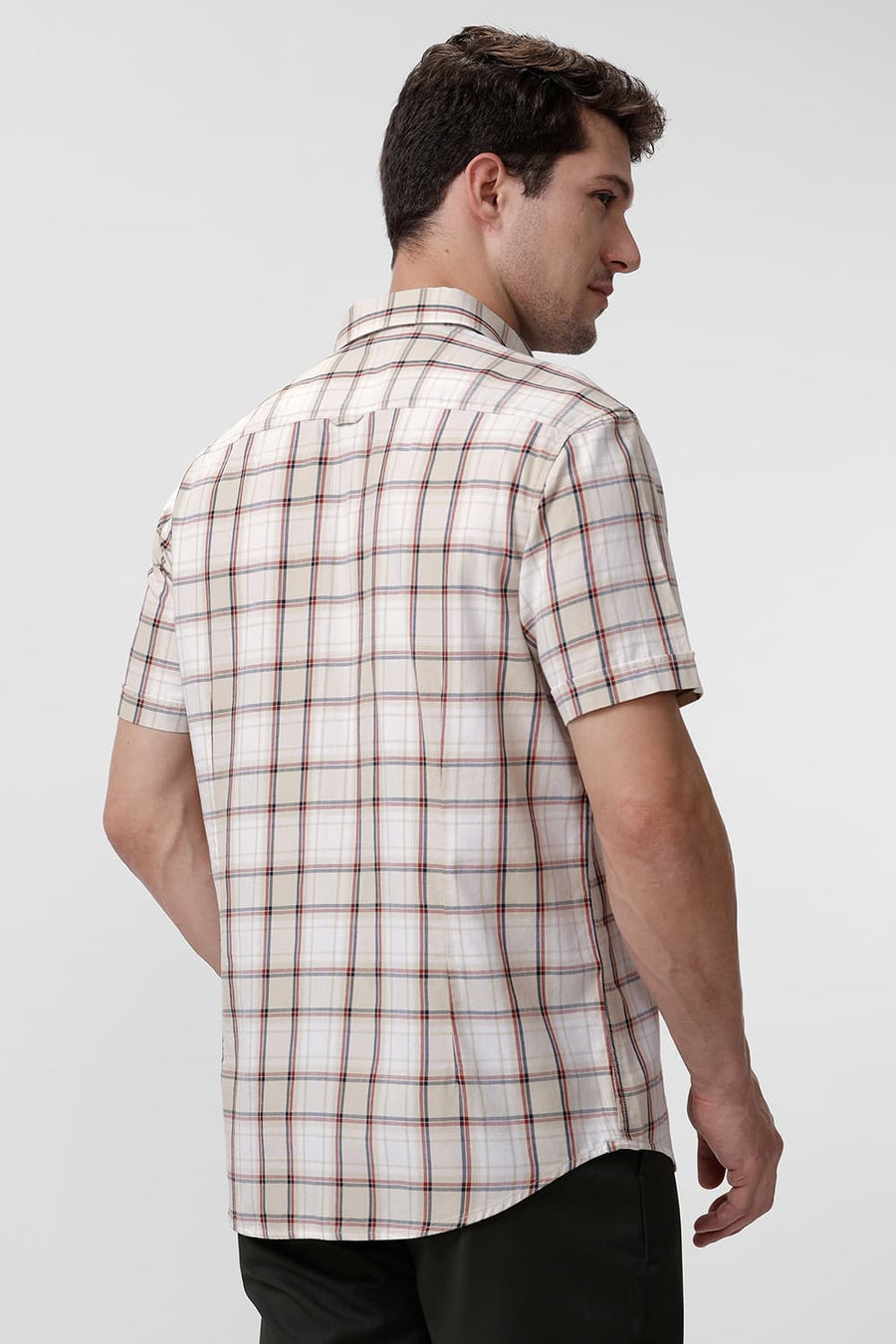 BASICS SLIM FIT FOG BEIGE COTTON TWILL CHECKS HALFSLEEVES SHIRT