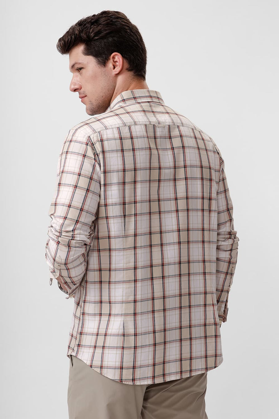 BASICS SLIM FIT FOG BEIGE COTTON TWILL CHECKS SHIRT