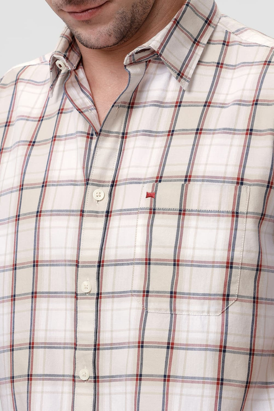 BASICS SLIM FIT FOG BEIGE COTTON TWILL CHECKS HALFSLEEVES SHIRT