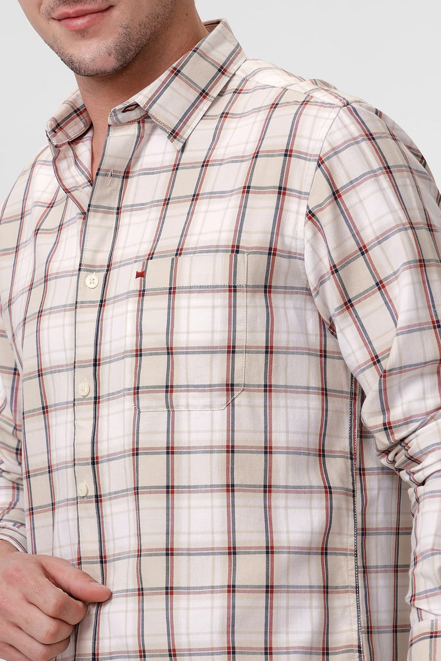BASICS SLIM FIT FOG BEIGE COTTON TWILL CHECKS SHIRT