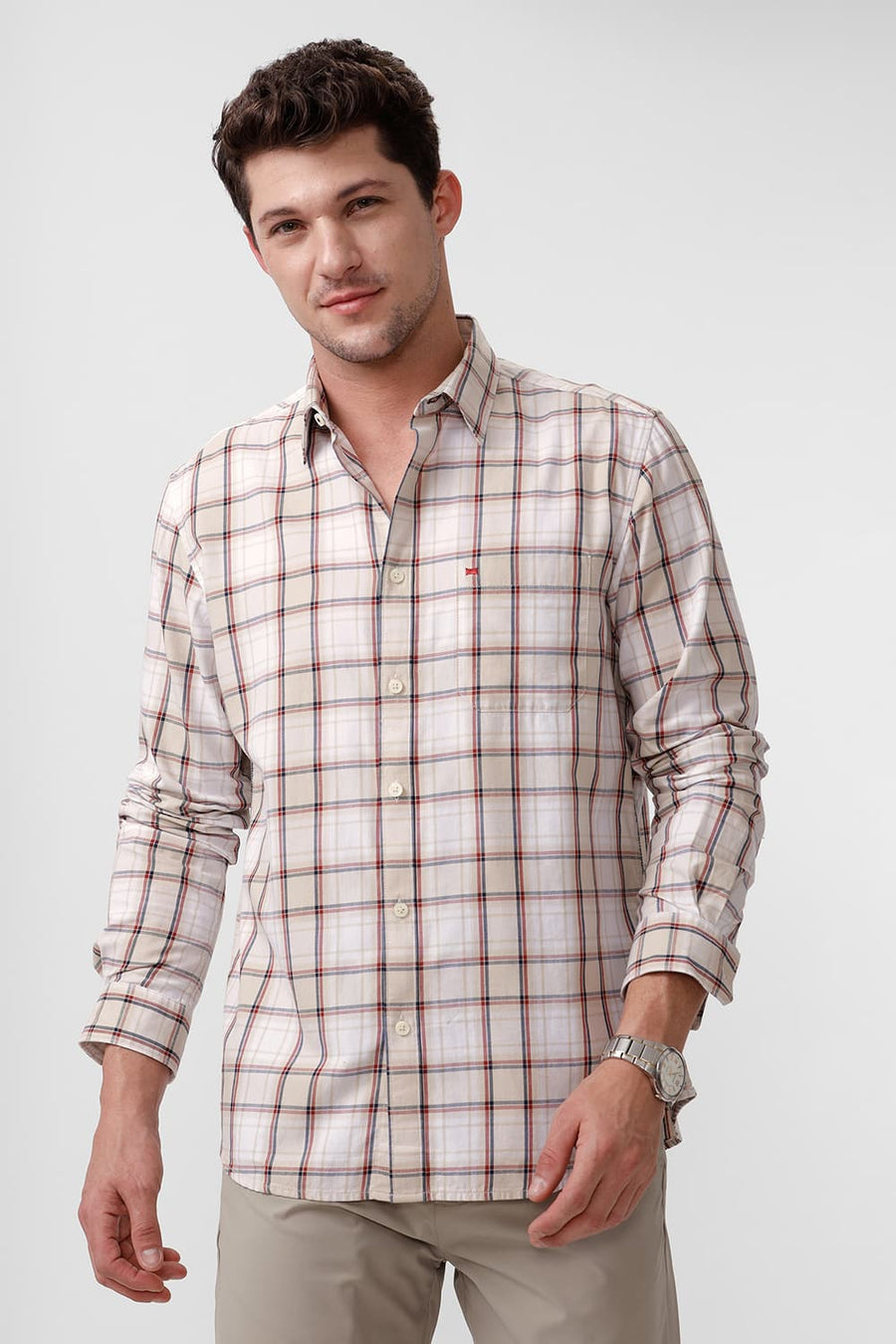 BASICS SLIM FIT FOG BEIGE COTTON TWILL CHECKS SHIRT