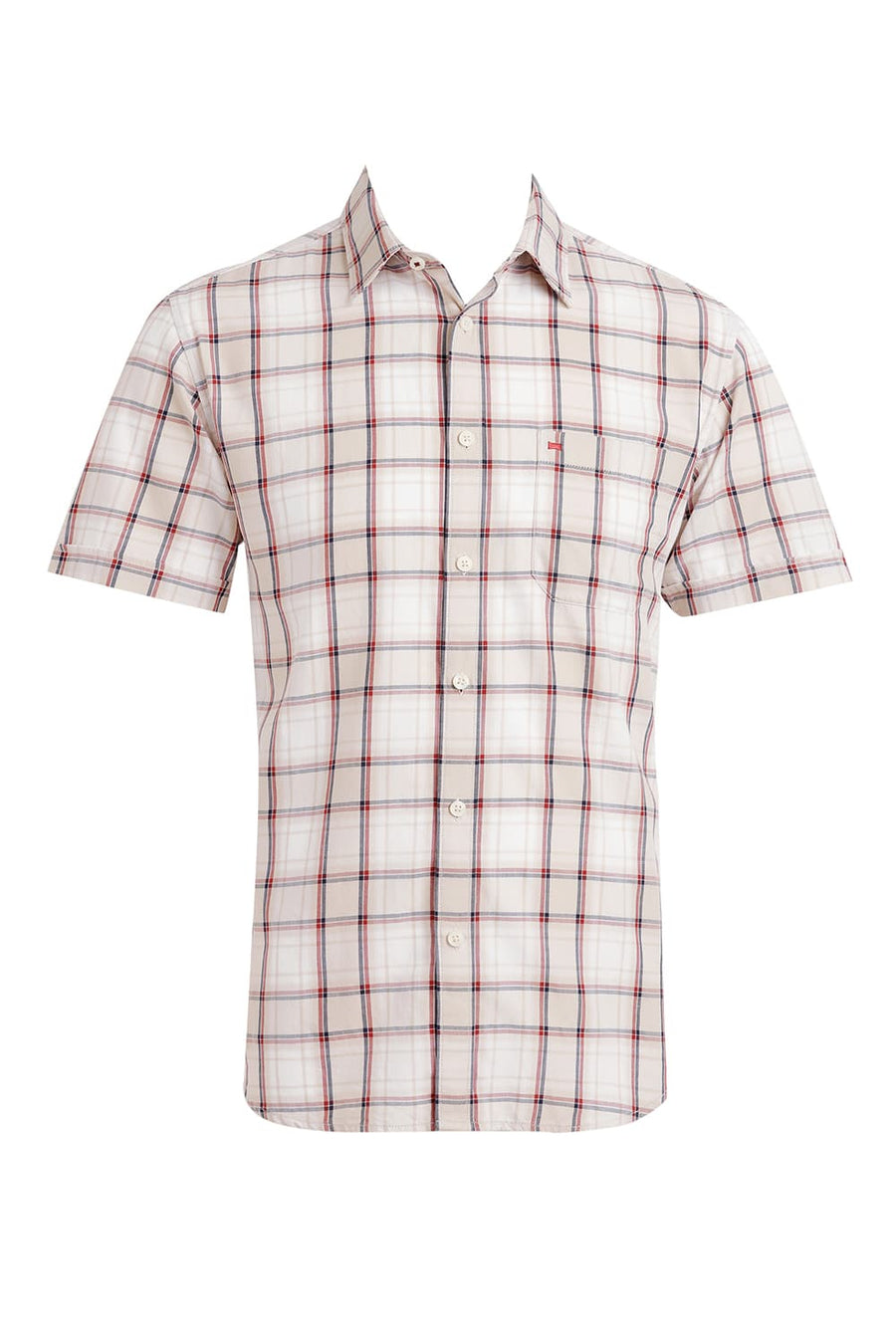 BASICS SLIM FIT FOG BEIGE COTTON TWILL CHECKS HALFSLEEVES SHIRT