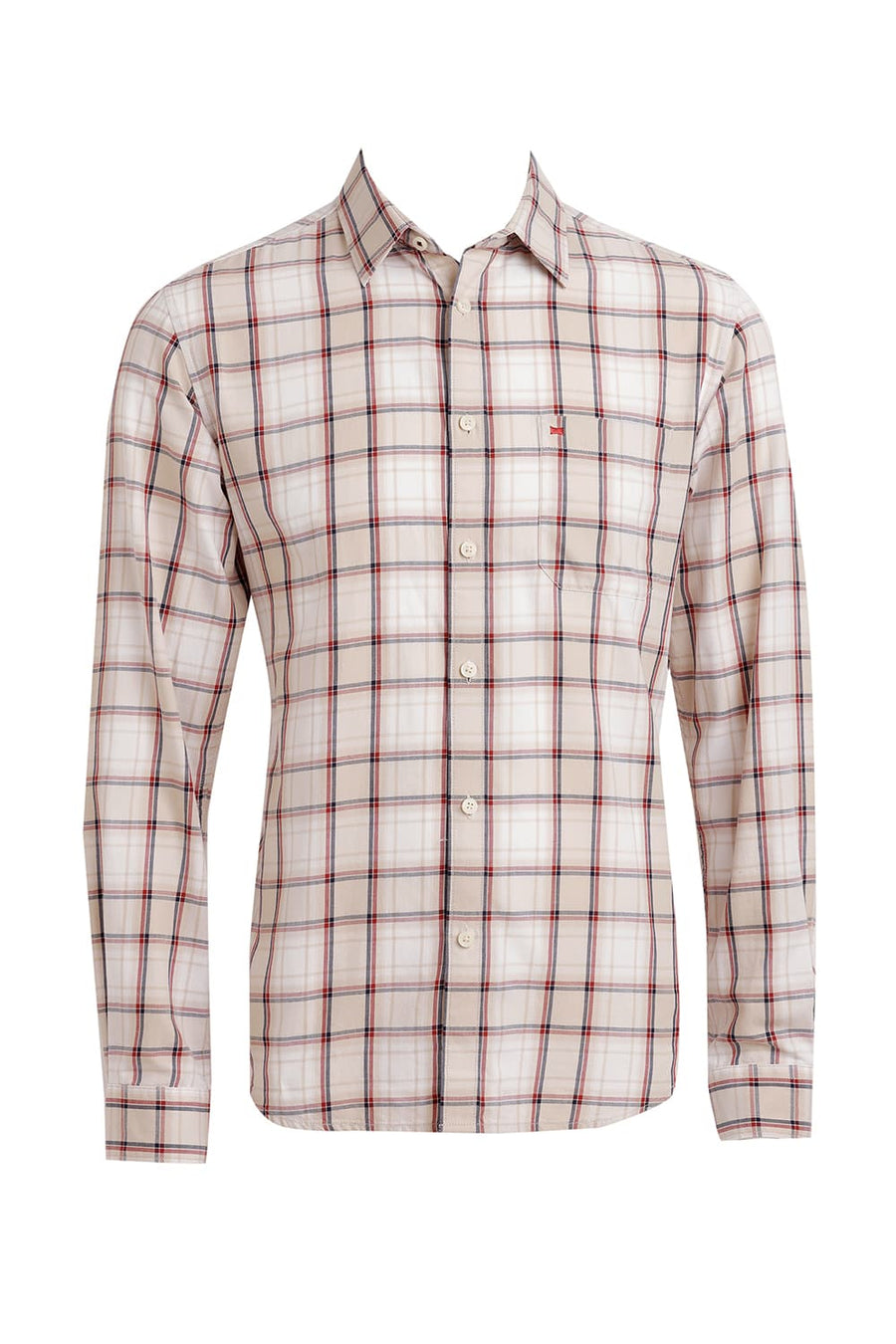 BASICS SLIM FIT FOG BEIGE COTTON TWILL CHECKS SHIRT
