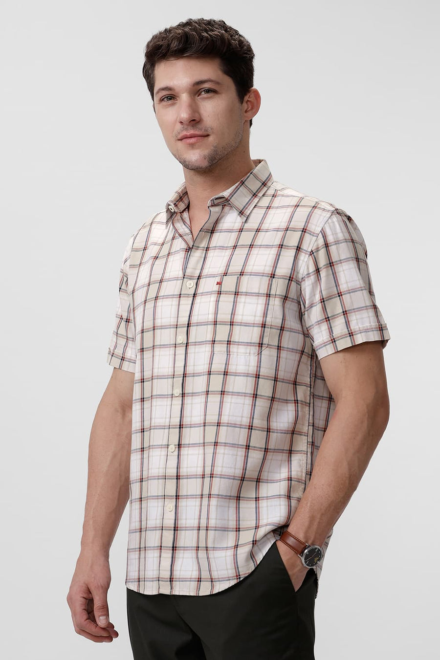 BASICS SLIM FIT FOG BEIGE COTTON TWILL CHECKS HALFSLEEVES SHIRT