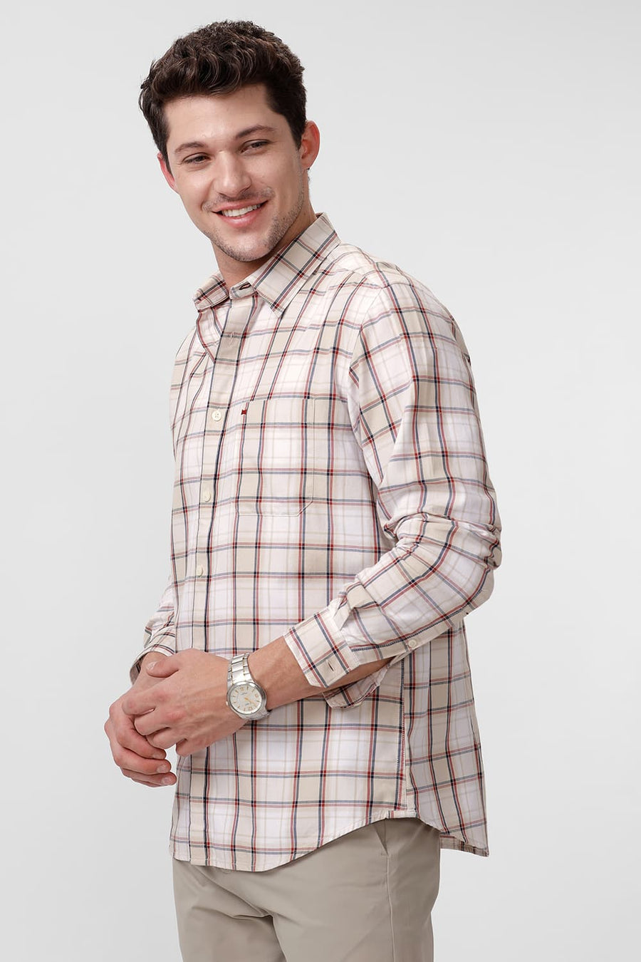BASICS SLIM FIT FOG BEIGE COTTON TWILL CHECKS SHIRT