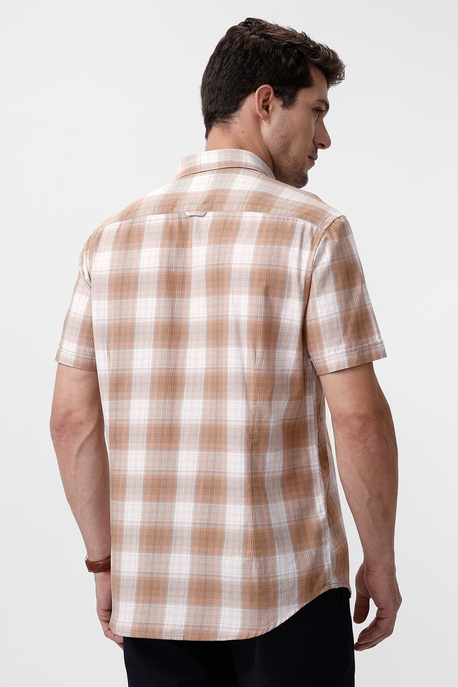 BASICS SLIM FIT TIGER KHAKI COTTON TWILL CHECKS HALFSLEEVES SHIRT