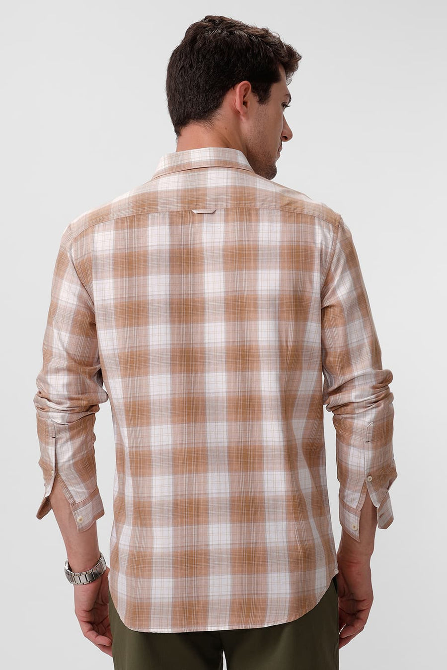 BASICS SLIM FIT TIGER KHAKI COTTON TWILL CHECKS SHIRT