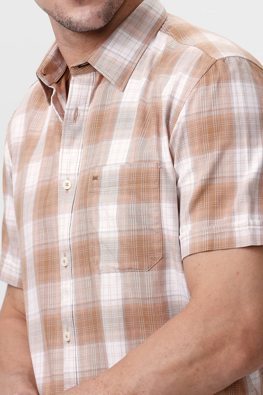 BASICS SLIM FIT TIGER KHAKI COTTON TWILL CHECKS HALFSLEEVES SHIRT