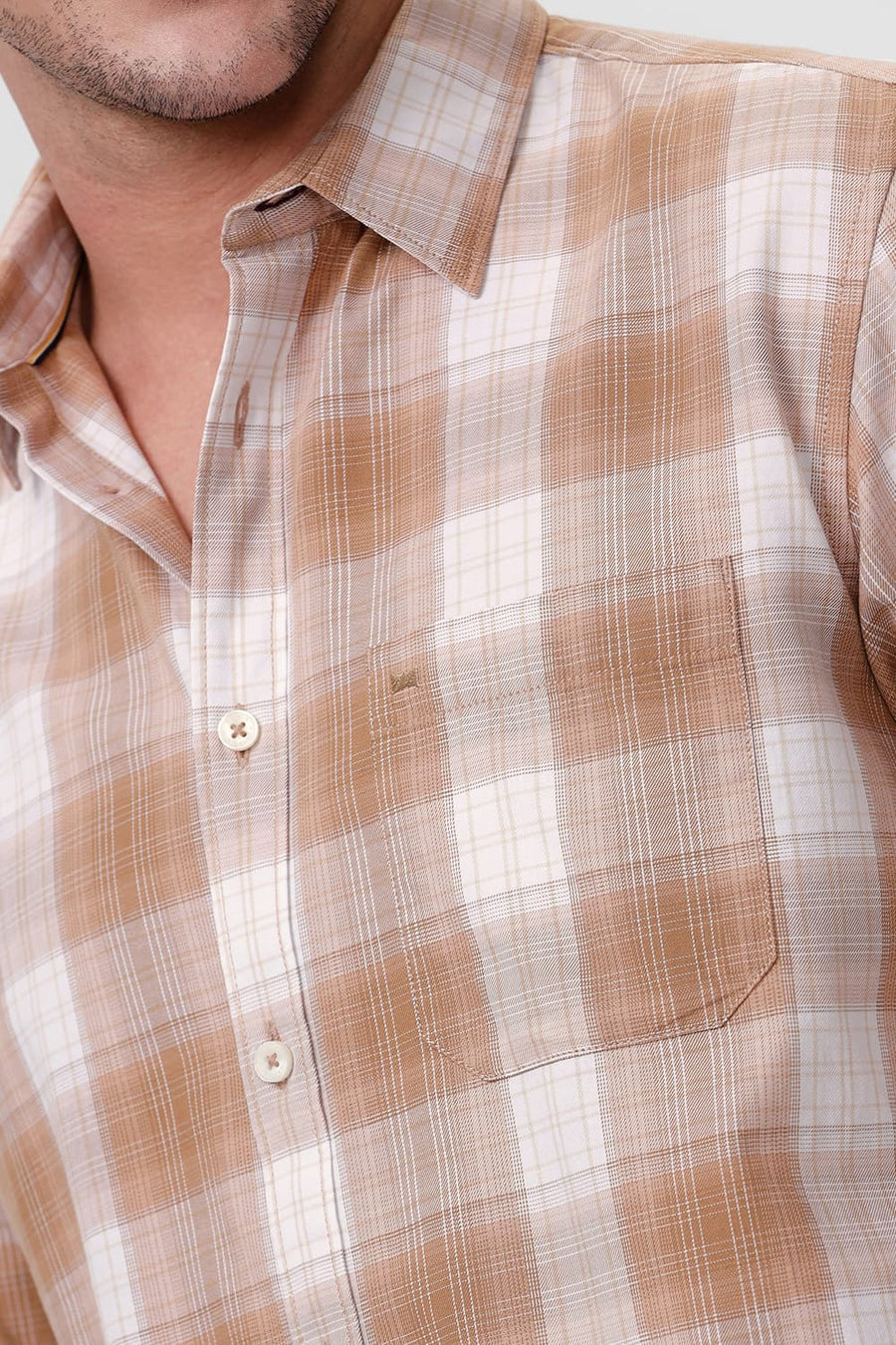 BASICS SLIM FIT TIGER KHAKI COTTON TWILL CHECKS SHIRT