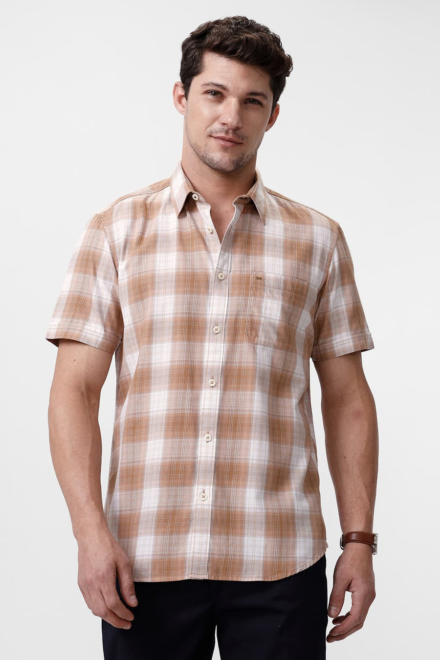 BASICS SLIM FIT TIGER KHAKI COTTON TWILL CHECKS HALFSLEEVES SHIRT