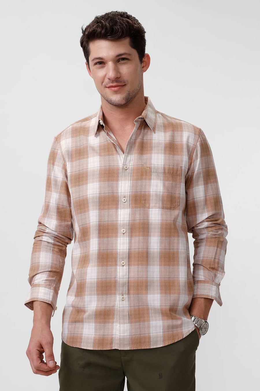 BASICS SLIM FIT TIGER KHAKI COTTON TWILL CHECKS SHIRT