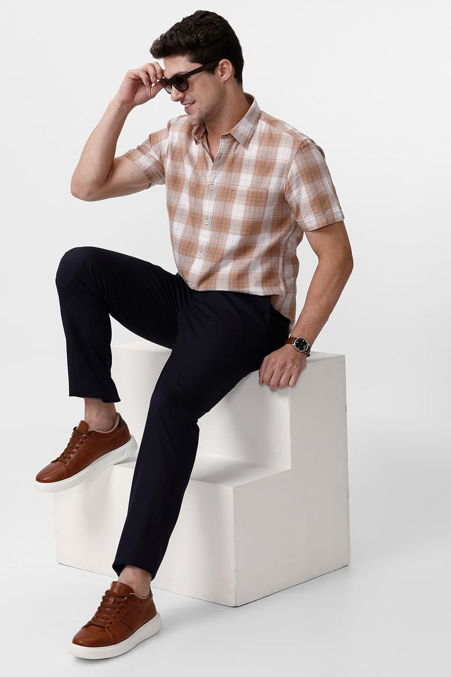 BASICS SLIM FIT TIGER KHAKI COTTON TWILL CHECKS HALFSLEEVES SHIRT