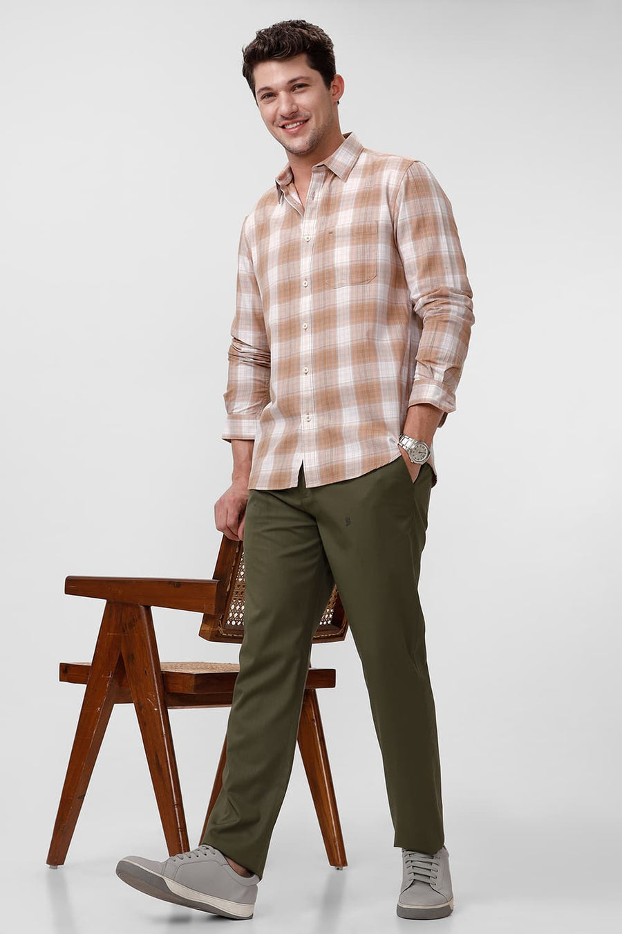 BASICS SLIM FIT TIGER KHAKI COTTON TWILL CHECKS SHIRT