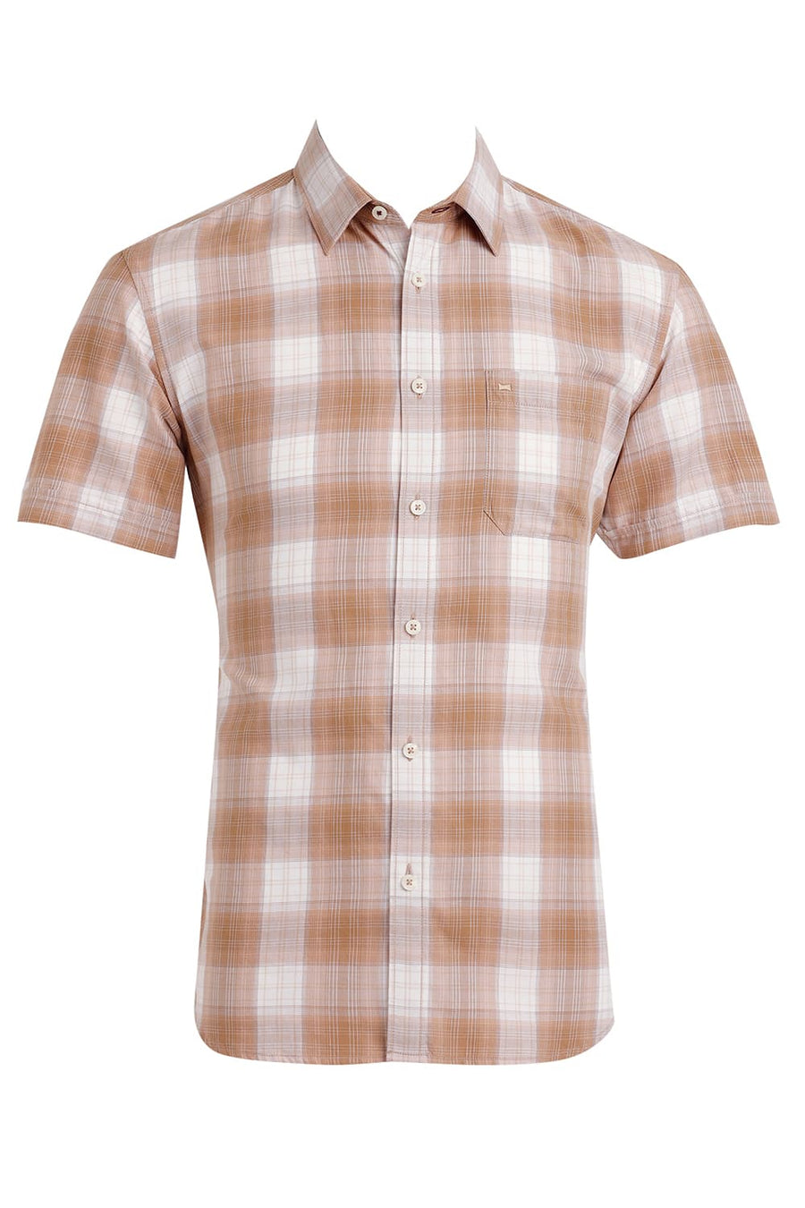 BASICS SLIM FIT TIGER KHAKI COTTON TWILL CHECKS HALFSLEEVES SHIRT