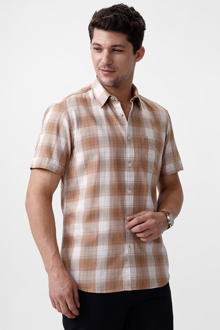 BASICS SLIM FIT TIGER KHAKI COTTON TWILL CHECKS HALFSLEEVES SHIRT
