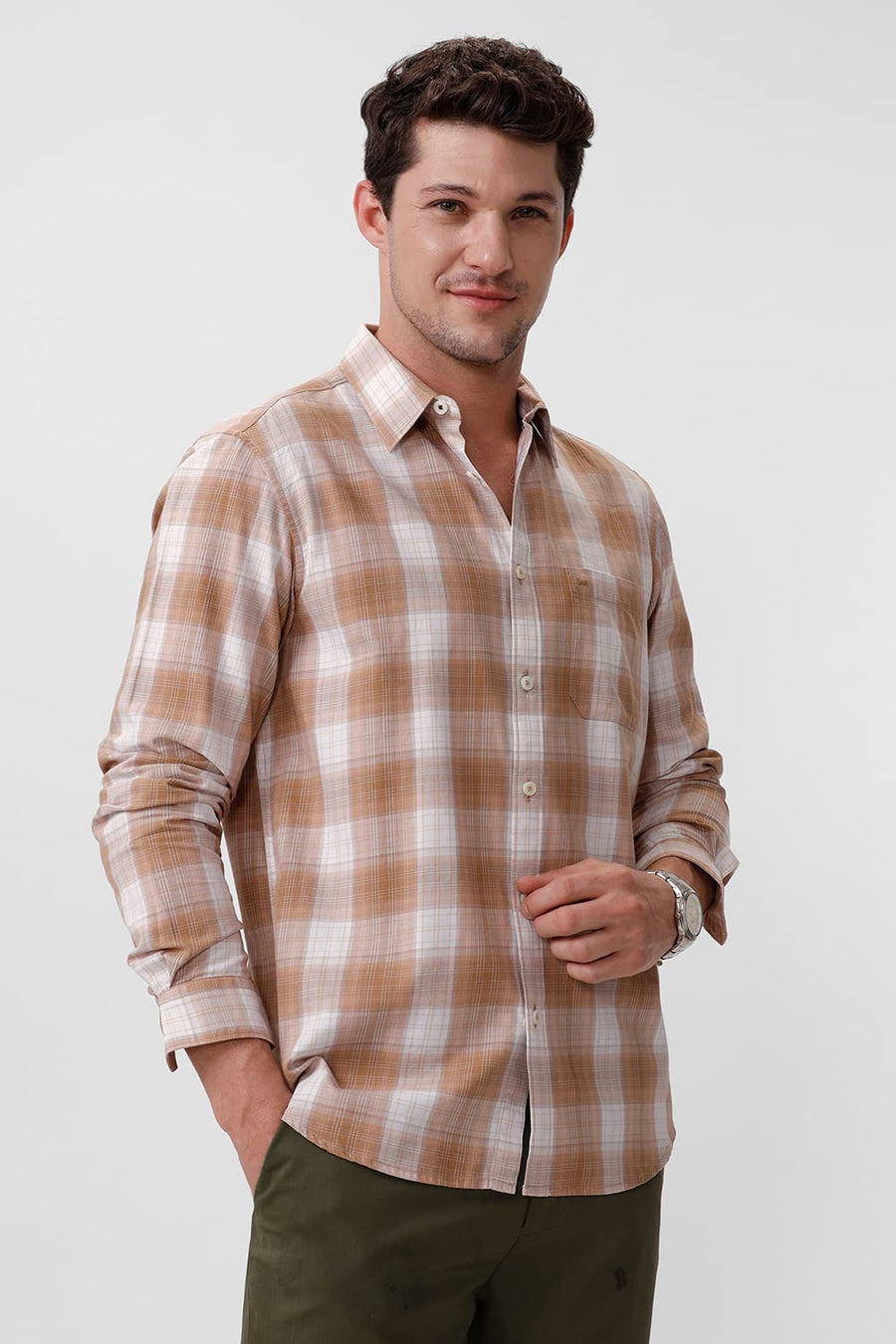 BASICS SLIM FIT TIGER KHAKI COTTON TWILL CHECKS SHIRT