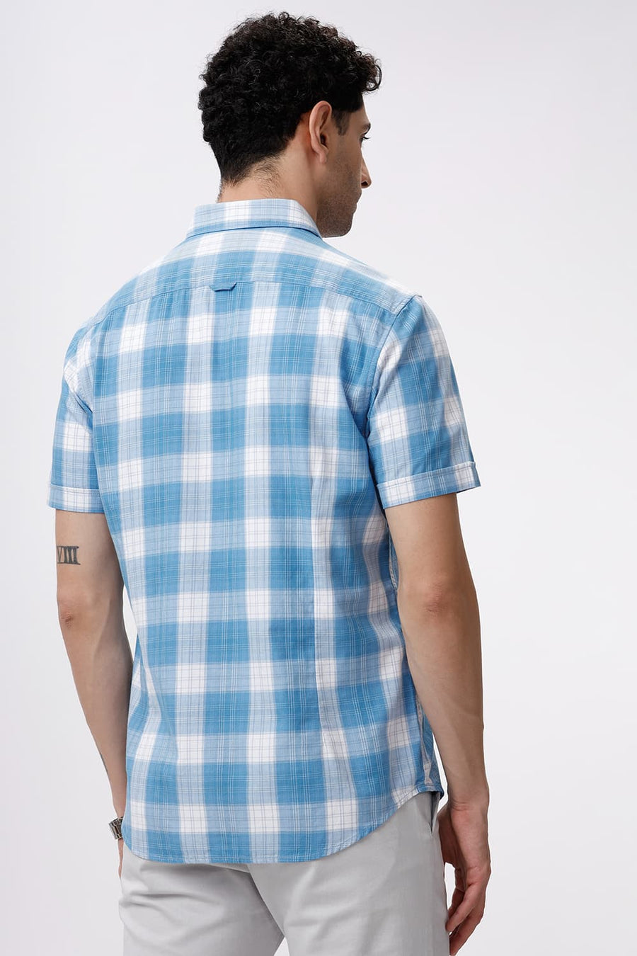 BASICS SLIM FIT ETHEREAL BLUE COTTON TWILL CHECKS HALFSLEEVES SHIRT