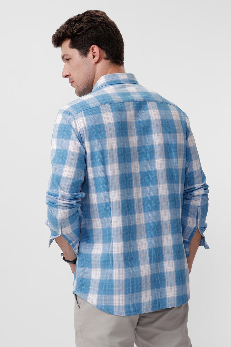BASICS SLIM FIT ETHEREAL BLUE COTTON TWILL CHECKS SHIRT