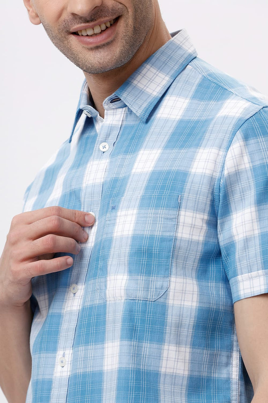 BASICS SLIM FIT ETHEREAL BLUE COTTON TWILL CHECKS HALFSLEEVES SHIRT