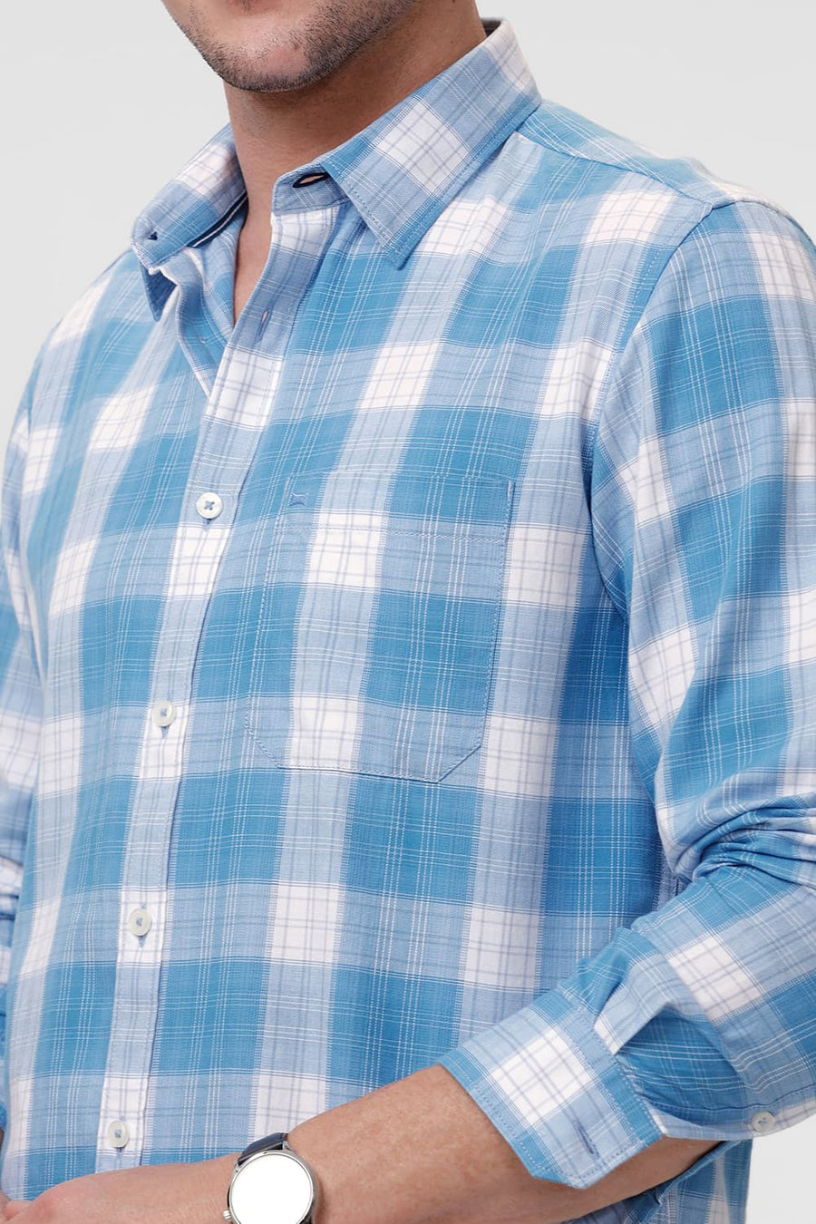 BASICS SLIM FIT ETHEREAL BLUE COTTON TWILL CHECKS SHIRT