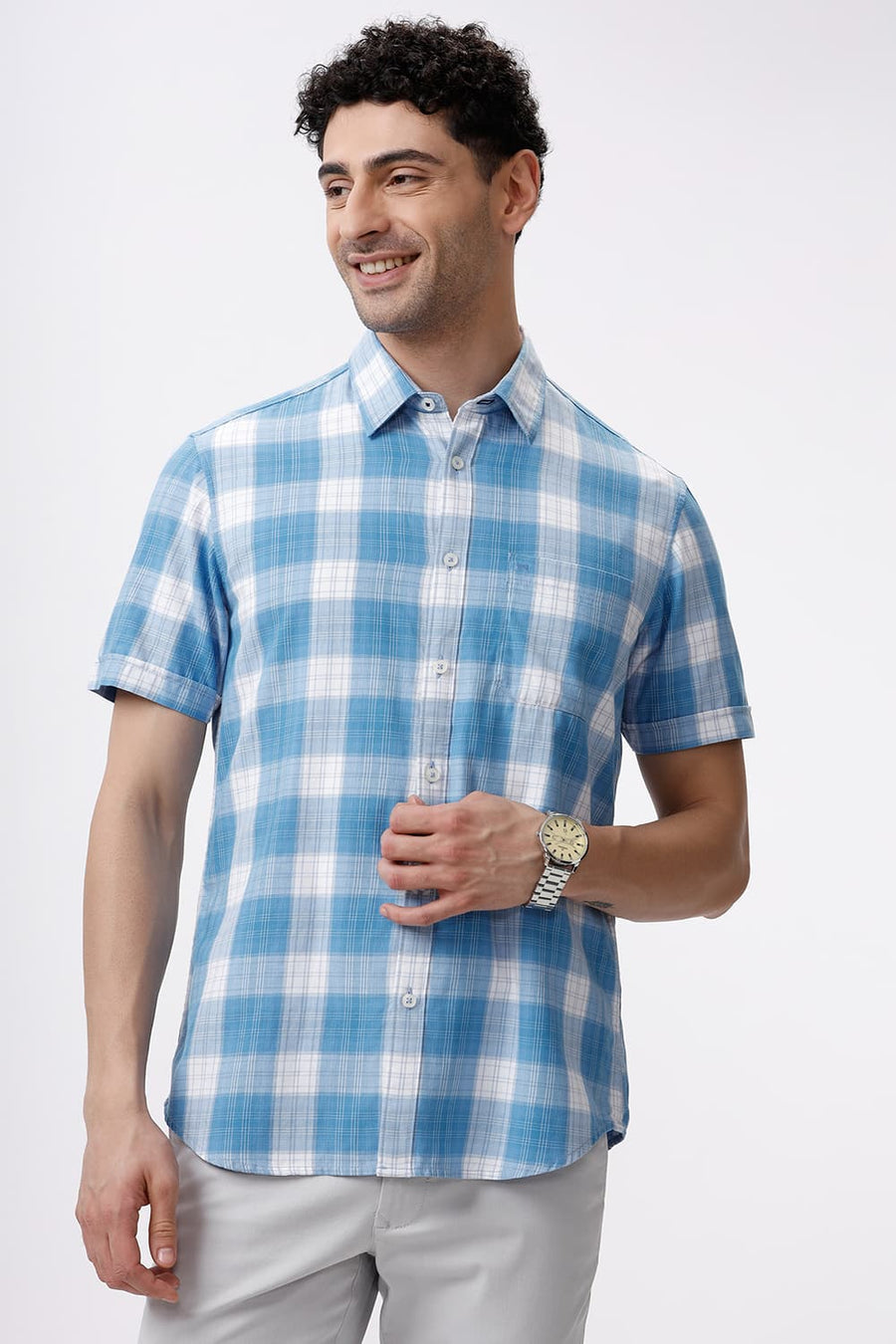 BASICS SLIM FIT ETHEREAL BLUE COTTON TWILL CHECKS HALFSLEEVES SHIRT