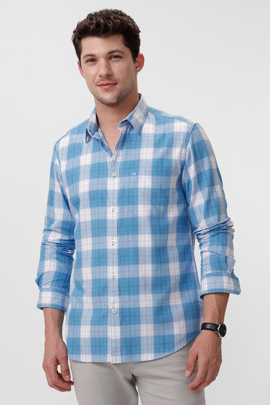 BASICS SLIM FIT ETHEREAL BLUE COTTON TWILL CHECKS SHIRT
