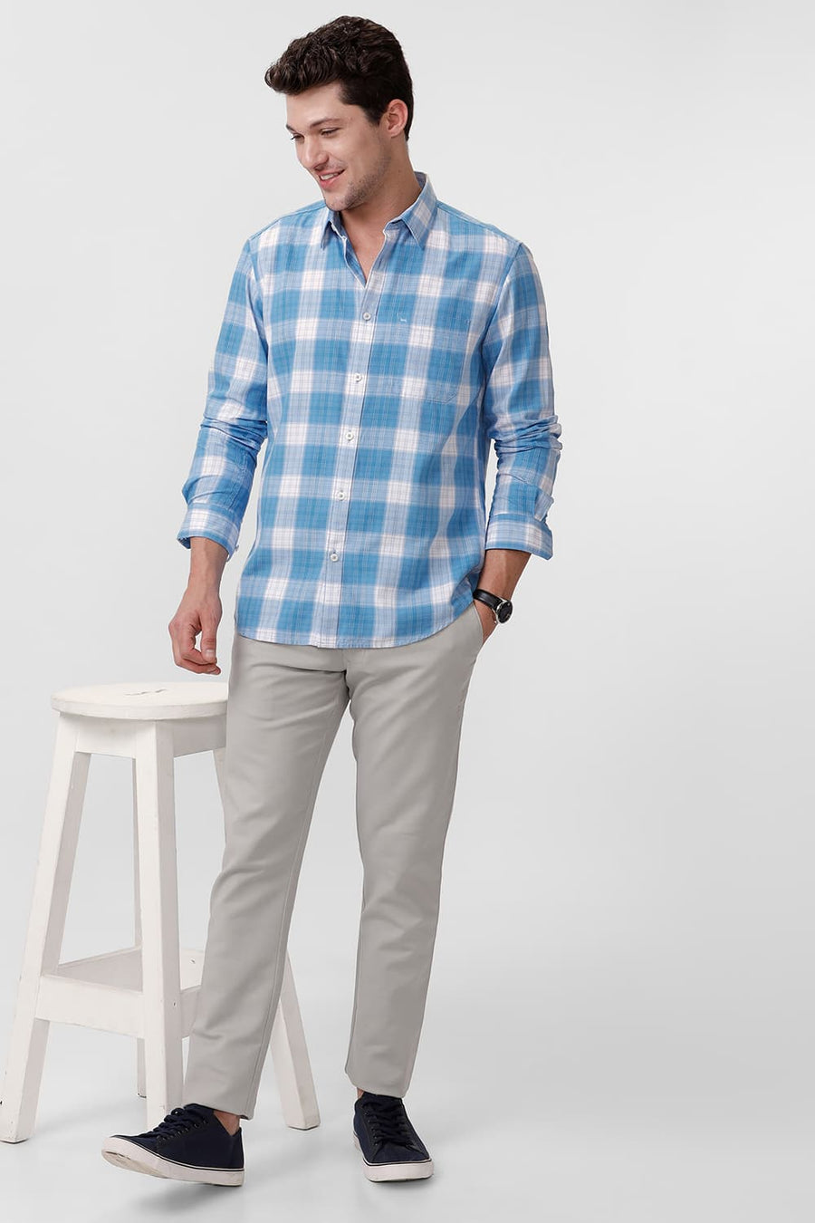 BASICS SLIM FIT ETHEREAL BLUE COTTON TWILL CHECKS SHIRT