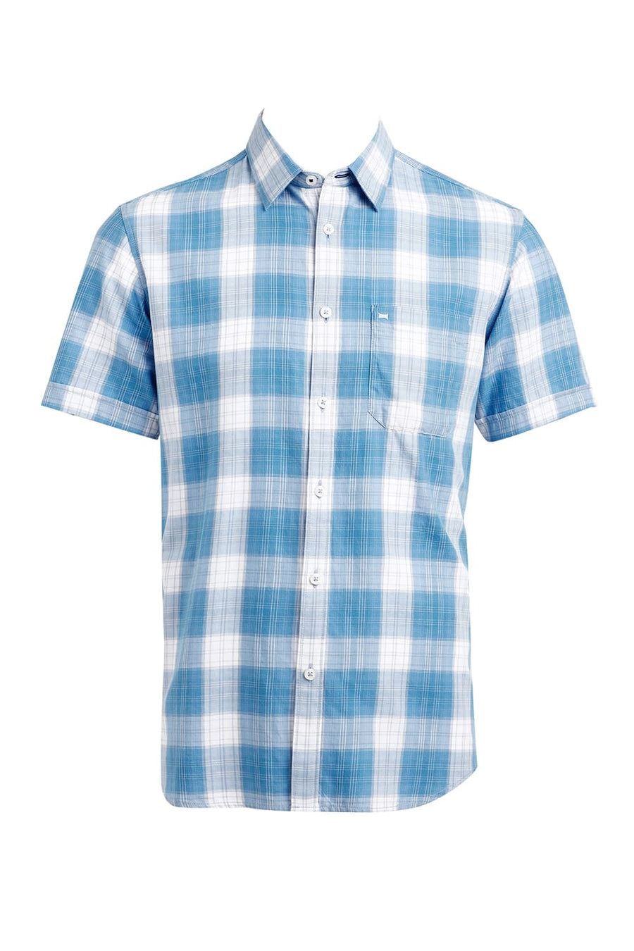 BASICS SLIM FIT ETHEREAL BLUE COTTON TWILL CHECKS HALFSLEEVES SHIRT