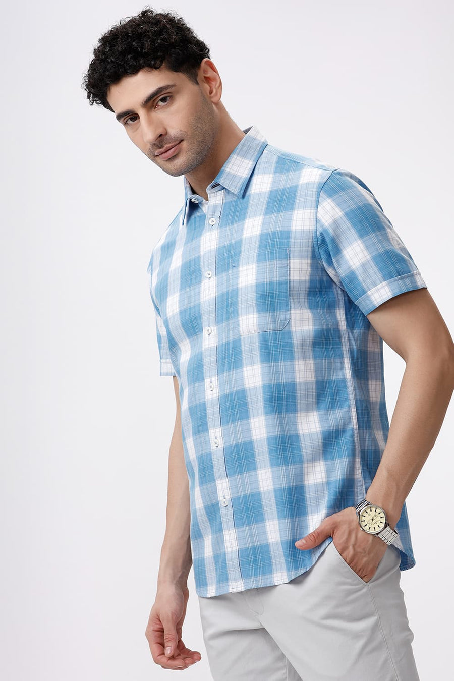 BASICS SLIM FIT ETHEREAL BLUE COTTON TWILL CHECKS HALFSLEEVES SHIRT