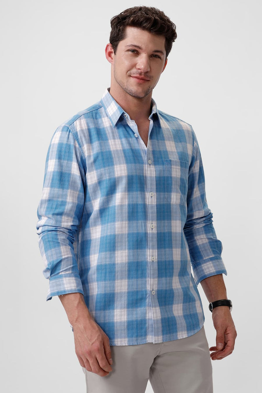 BASICS SLIM FIT ETHEREAL BLUE COTTON TWILL CHECKS SHIRT