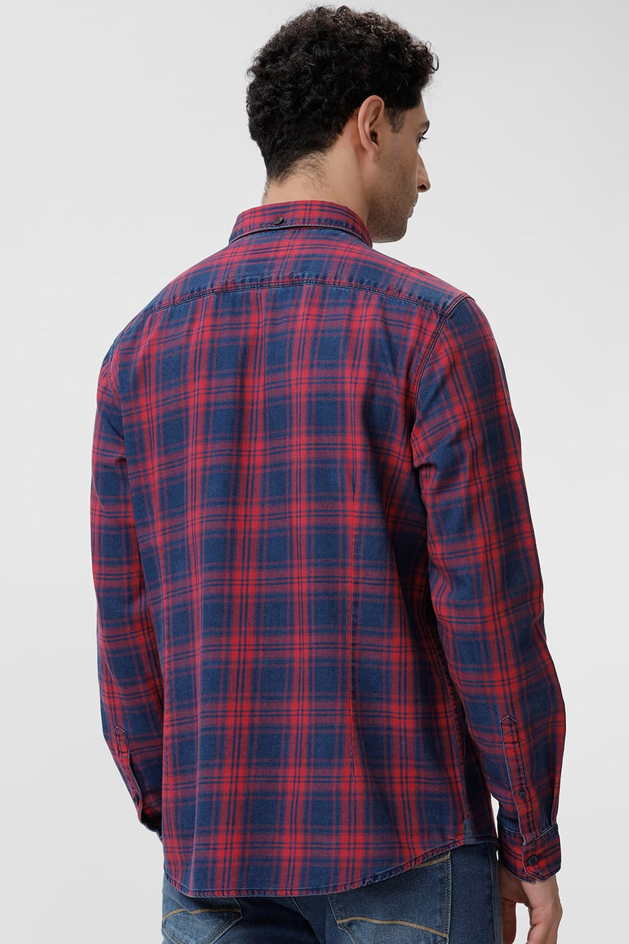 BASICS SLIM FIT WINTERBERRY RED COTTON INDIGO CHECKS SHIRT